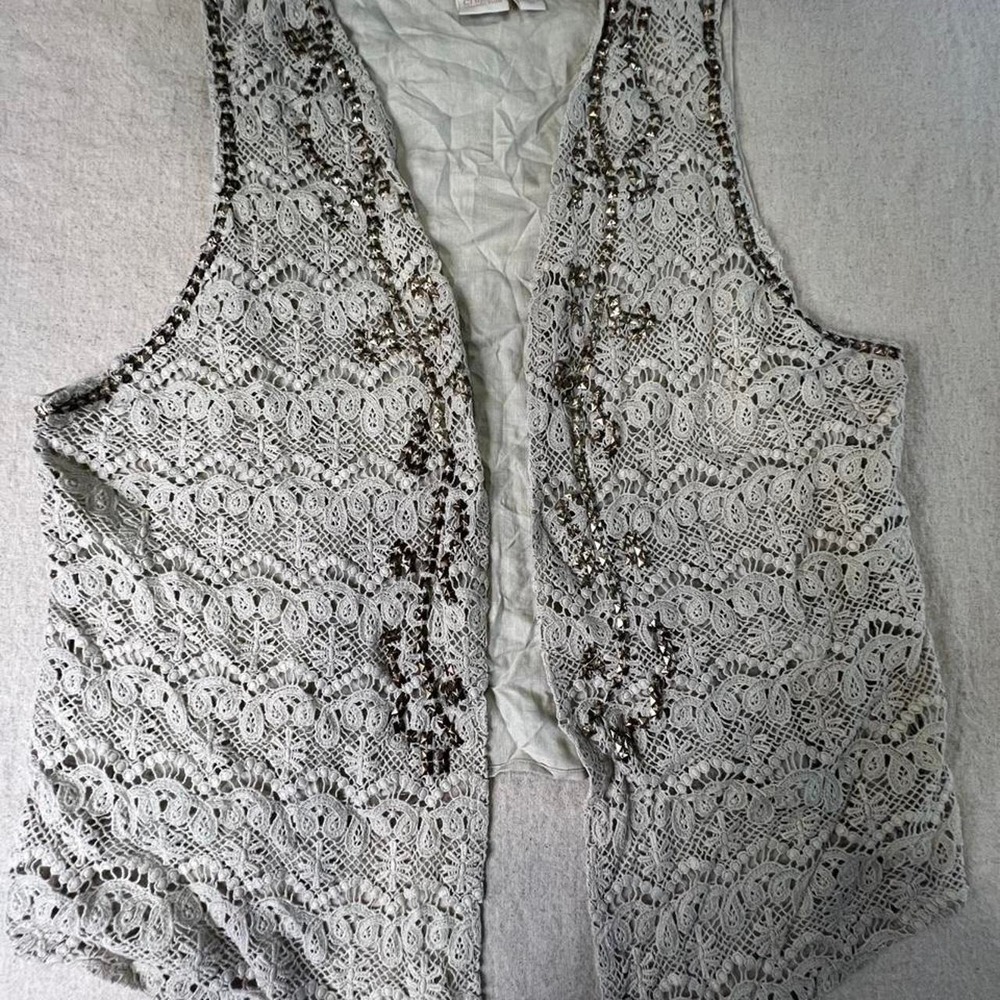 Chicos Collection Gray White Lace Floral Studded Open Front Vest Size 3 Large XL
